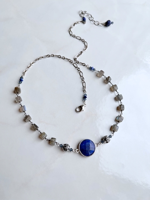 Austrian Crystal, Blue Lapis, Labradorite, Silver Necklace